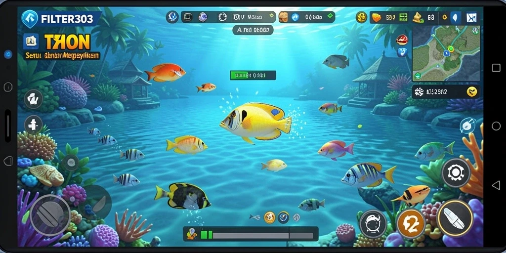 Gameplay seru dalam FILTER303 menembak ikan dengan grafis menarik.