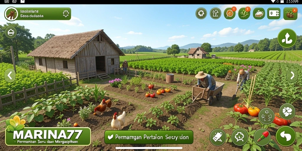 Tampilan screenshot <strong>MARINA77</strong> menampilkan kebun yang subur dan hewan ternak yang bahagia.