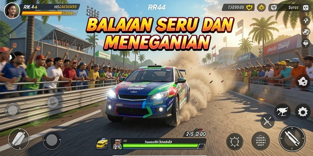 Screenshot gameplay <strong>RR44</strong> yang menunjukkan aksi balapan seru.
